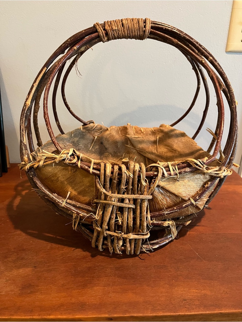 Rustic Folk Art Handmade Willow Branch Basket With Palm Husk 13 in by 14 in